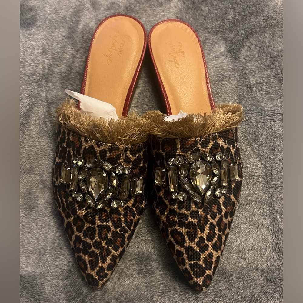 Crown Vintage Animal Print Mules with Fur and Jewel Accents